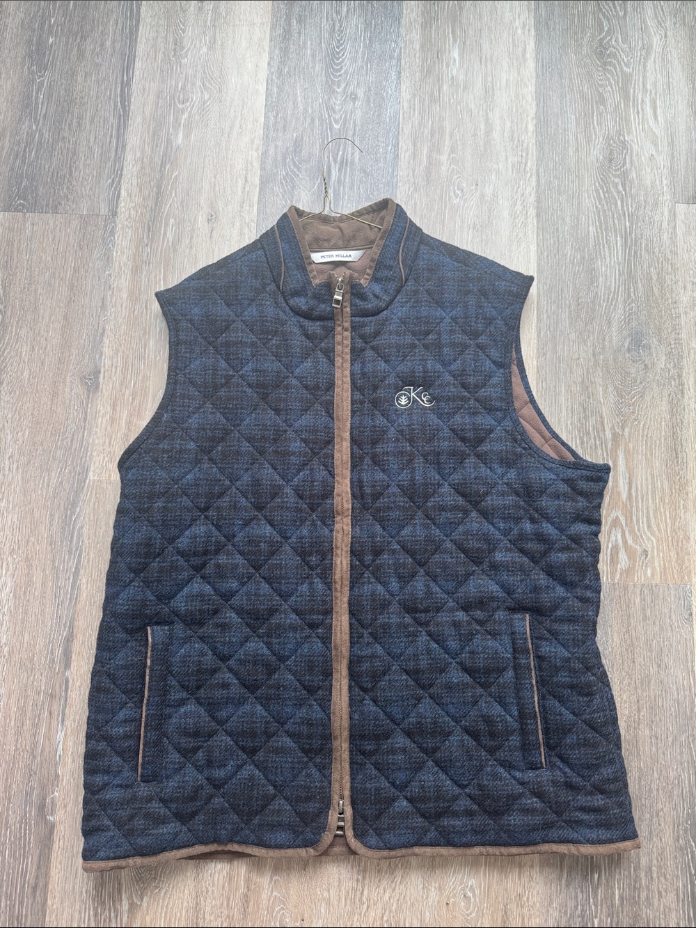 Peter Millar Quilted Navy Vest with Brown Trim
